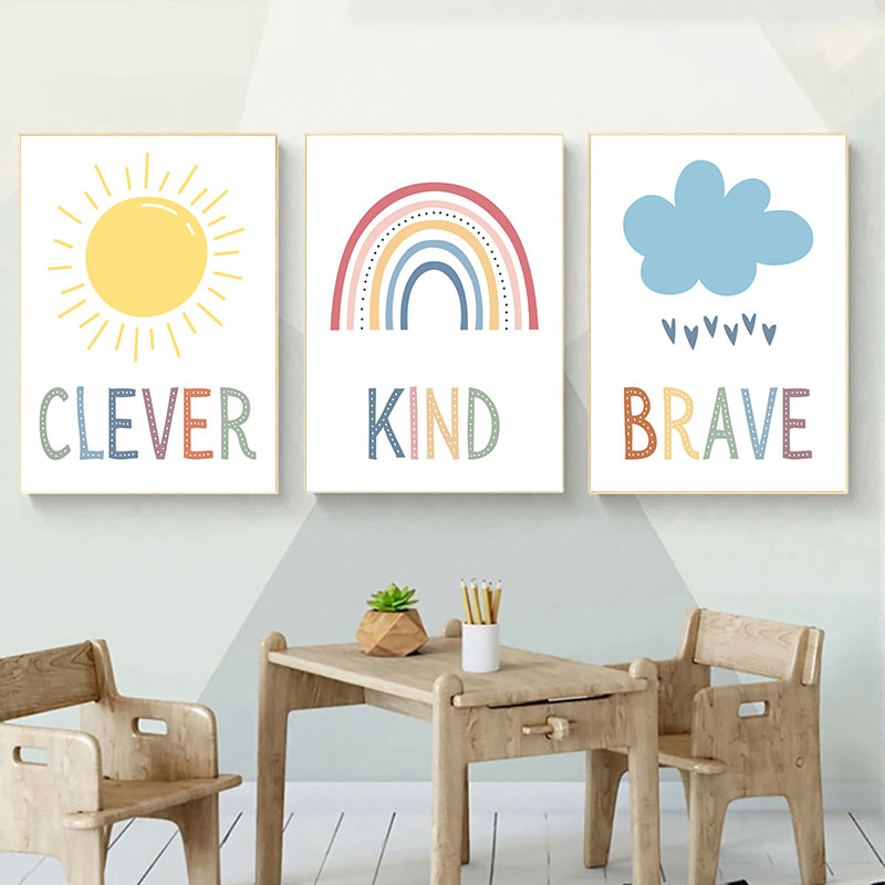 Kids Education Quote - ภาพพิมพ์บนผ้าใบลายเมฆสายรุ้งพระอาทิตย์น่ารัก โปสเตอร์ติดผนังคำคมสร้างแรงบันดาลใจเรียบง่าย สำหรับห้องเด็ก ห้องรับเลี้ยงเด็ก ตกแต่งบ้านสไตล์โมเดิร์น