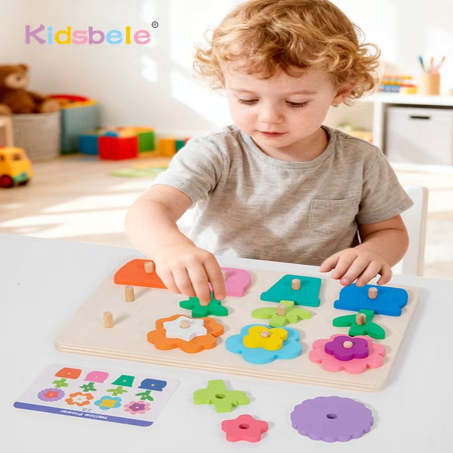 Kids Education Card - เกมกระดานปริศนาดอกไม้ไม้แบบมอนเตสซอรี่ DIY พร้อมการ์ด รูปทรง สี การเรียนรู้และการจับคู่รูปทรงเรขาคณิต