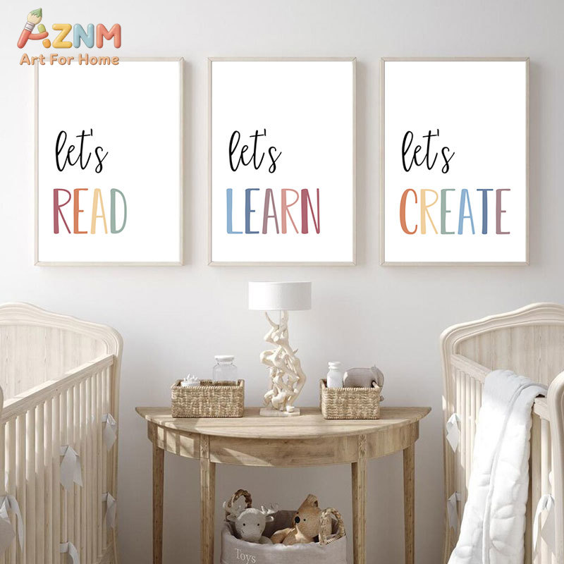Kids Education Quote - AZNM ร่วมอ่านหนังสือ เรียนรู้ สร้างสรรค์งานศิลปะบนผืนผ้าใบ ภาพพิมพ์คำคมสร้างแรงบันดาลใจสไตล์โบโฮสีสันสดใส โปสเตอร์สำหรับเด็กแบบมินิมอลไม่มีกรอบ