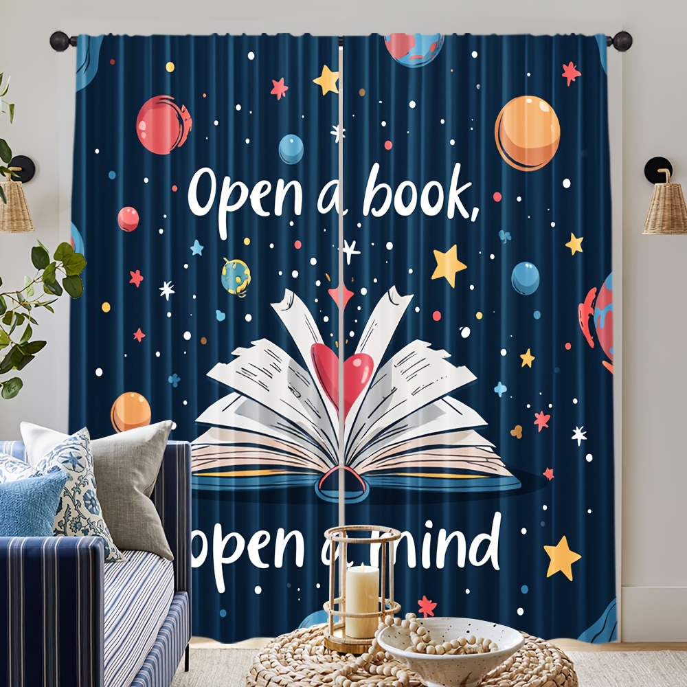 Kids Education Quote - ผ้าม่านหน้าต่างลายอักษรคำคมสร้างแรงบันดาลใจ 2 ชิ้น สีสันสดใส ลายดาว หัวใจ