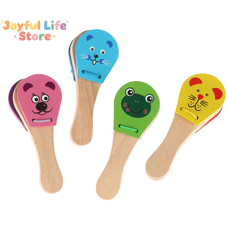 Kids Education Bell - คาสทาเน็ตไม้ลายการ์ตูนสำหรับเด็ก กระดิ่งห้าเสียง ของเล่นดนตรีแบบมีด้ามจับ ของเล่นเสริมพัฒนาการสำหรับเด็ก