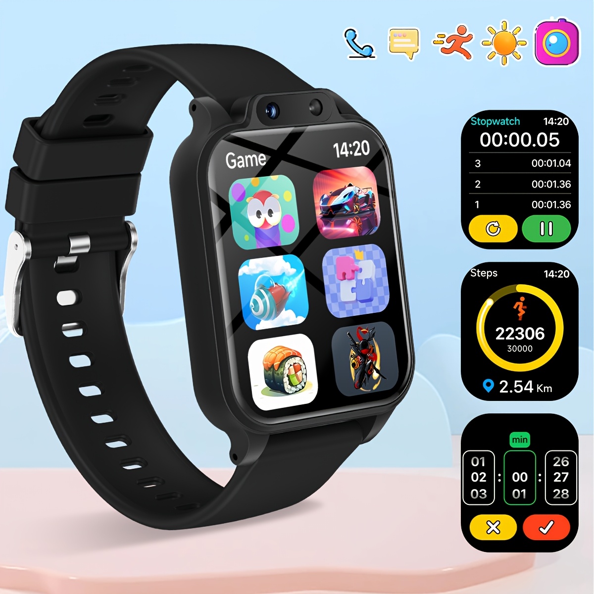 Kids Education Steps - สมาร์ทวอทช์สำหรับเด็กพร้อมเกมส์เสริมทักษะ 18 เกม, รองรับการถ่ายเซลฟี่แบบ HD, กล้อง,