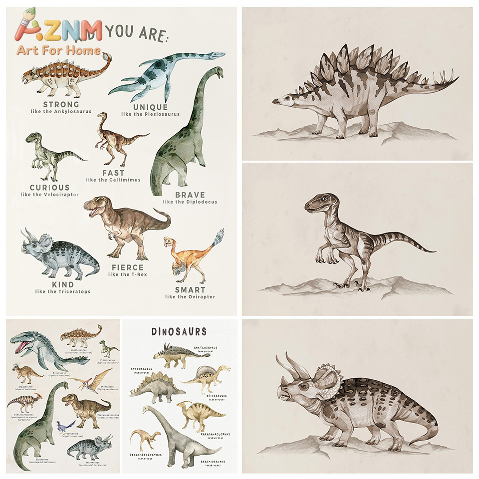 Kids Education Quote - AZNM ศิลปะบนผืนผ้าใบลายไดโนเสาร์สีน้ำ, ภาพพิมพ์คำคมสร้างแรงบันดาลใจสำหรับเด็ก, โปสเตอร์ตกแต่งบ้านเพื่อการศึกษาสำหรับเด็ก, ไม่มีกรอบ