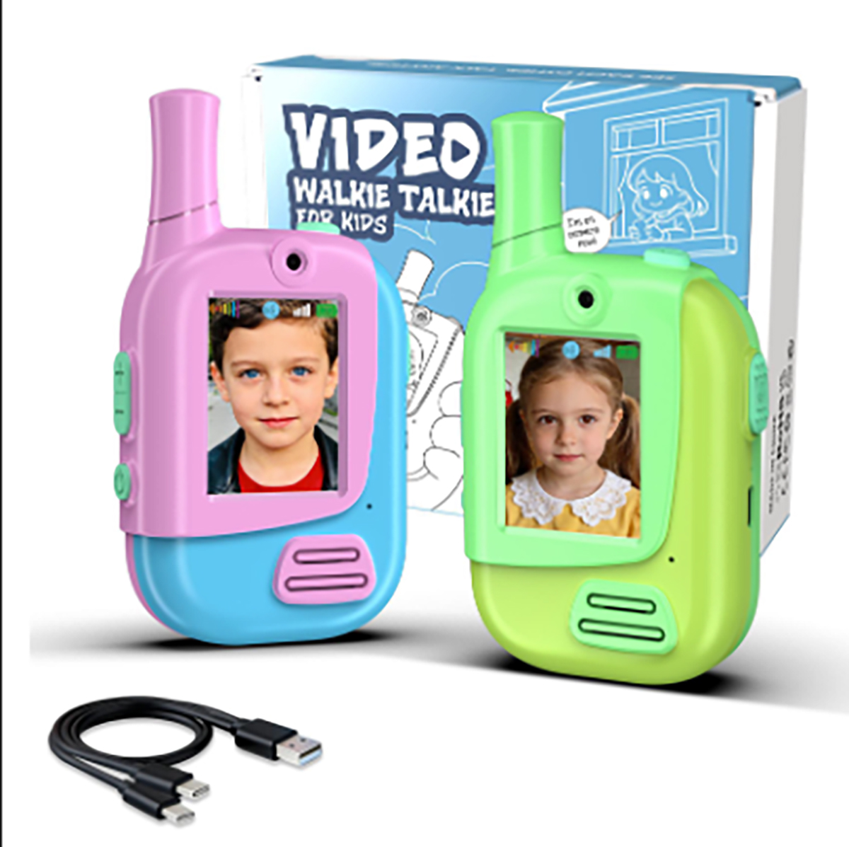 Kids Educational Videos - เครื่องส่งรับวิทยุสำหรับเด็กแบบชาร์จไฟได้ 2 ชิ้น พร้อมฟังก์ชันเปลี่ยนเสียง 4 แบบ